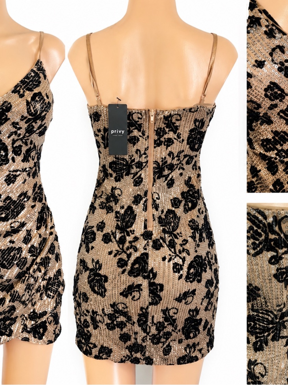 privy Metallic Gold Sequin Slip Dress with Black Floral Overlay